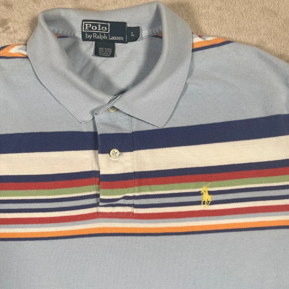 Vintage Polo Ralph Lauren Polo Shirt Multi Stripe Mens Large Blue‎ Short Sleeve